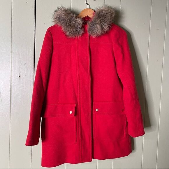 J. Crew Vail Chateau‎ Parka Stadium Cloth Wool Faux Fur Trim Red Sz 6 ($375) - Picture 1 of 9